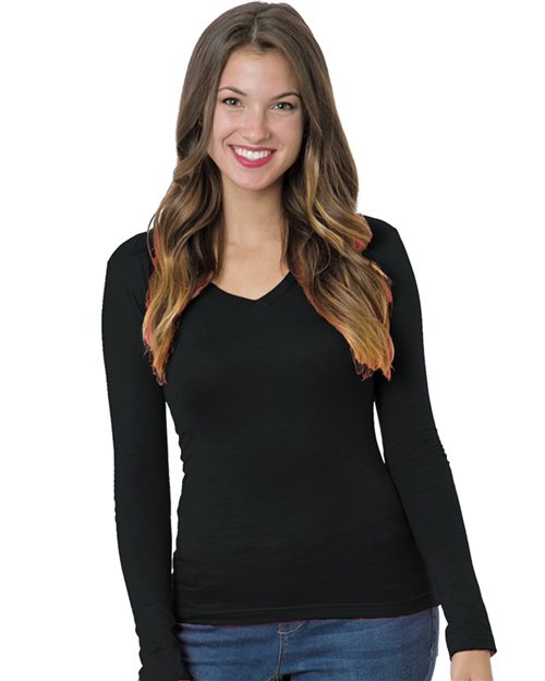 Bayside Women's USA-Made Deep V-Neck Long Sleeve T-Shirt. 3415