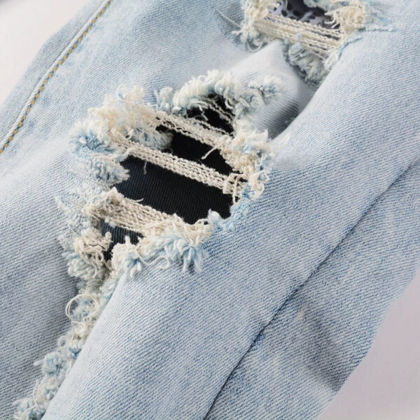 Light Colored Hot Diamond Patch With Holes In Elastic Tight Jeans For Men - Image 9